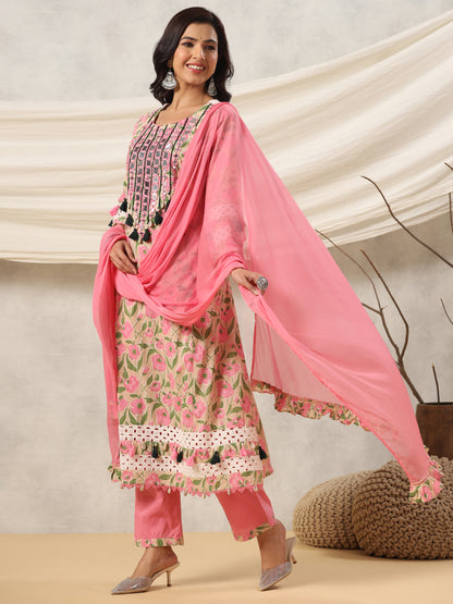 A Line Style Cotton Fabric Pink Color Kurta And Bottom With Dupatta