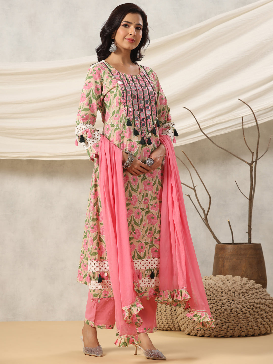 A Line Style Cotton Fabric Pink Color Kurta And Bottom With Dupatta