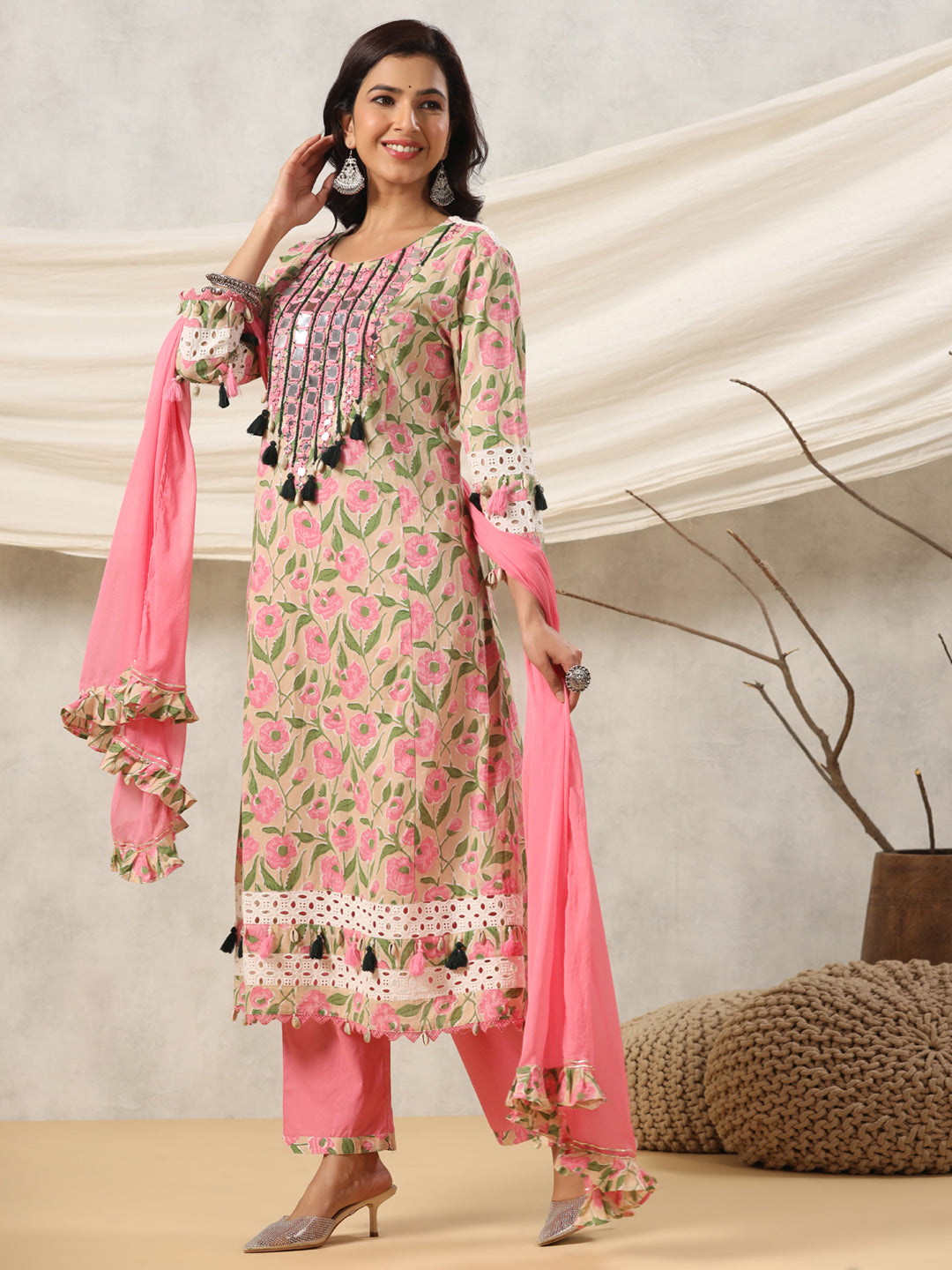 A Line Style Cotton Fabric Pink Color Kurta And Bottom With Dupatta