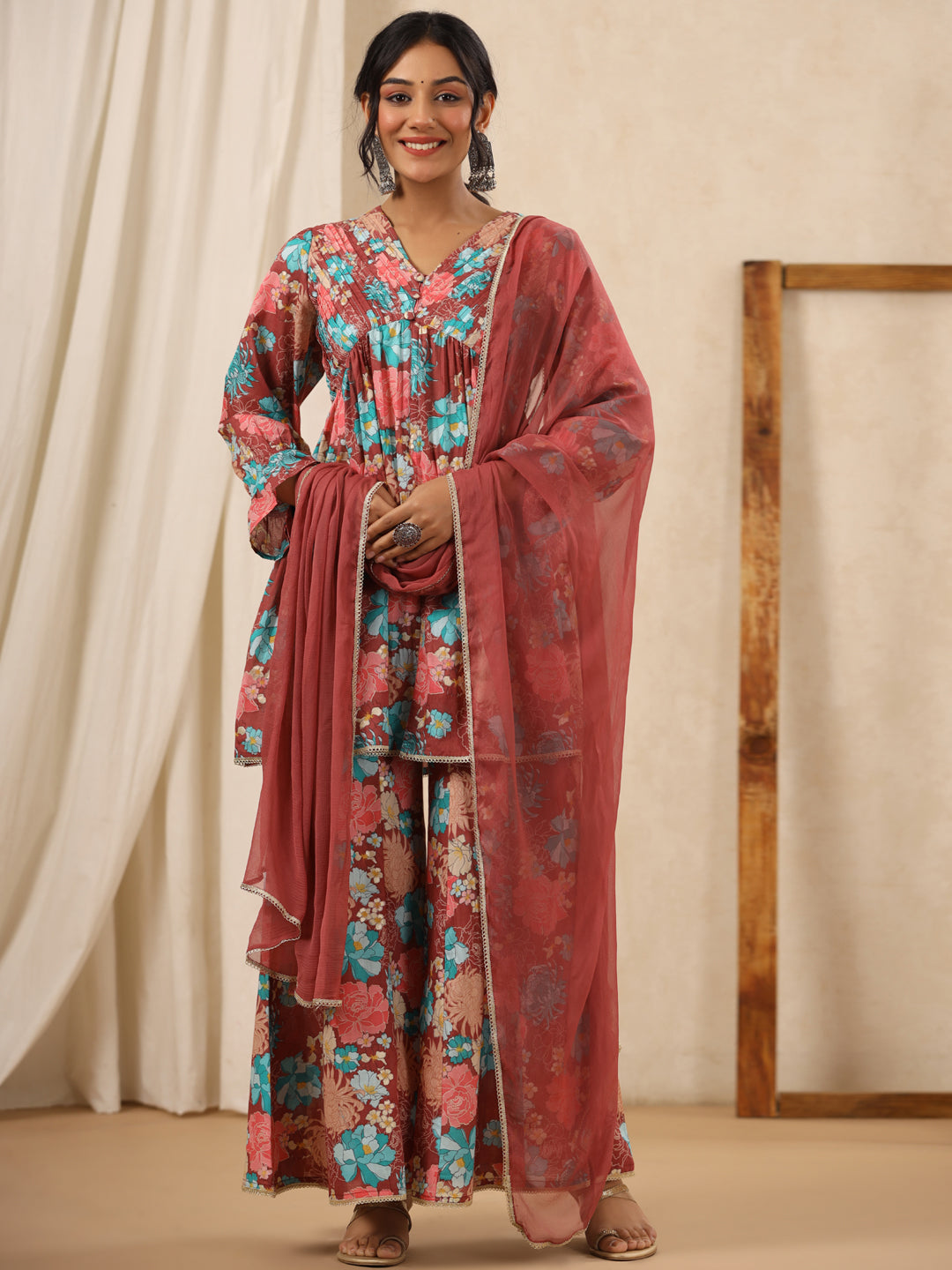 Flared Style Cotton Fabric Rust Color Kurta And Bottom With Dupatta