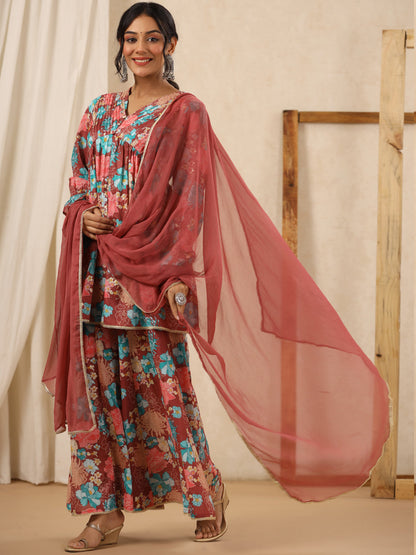 Flared Style Cotton Fabric Rust Color Kurta And Bottom With Dupatta