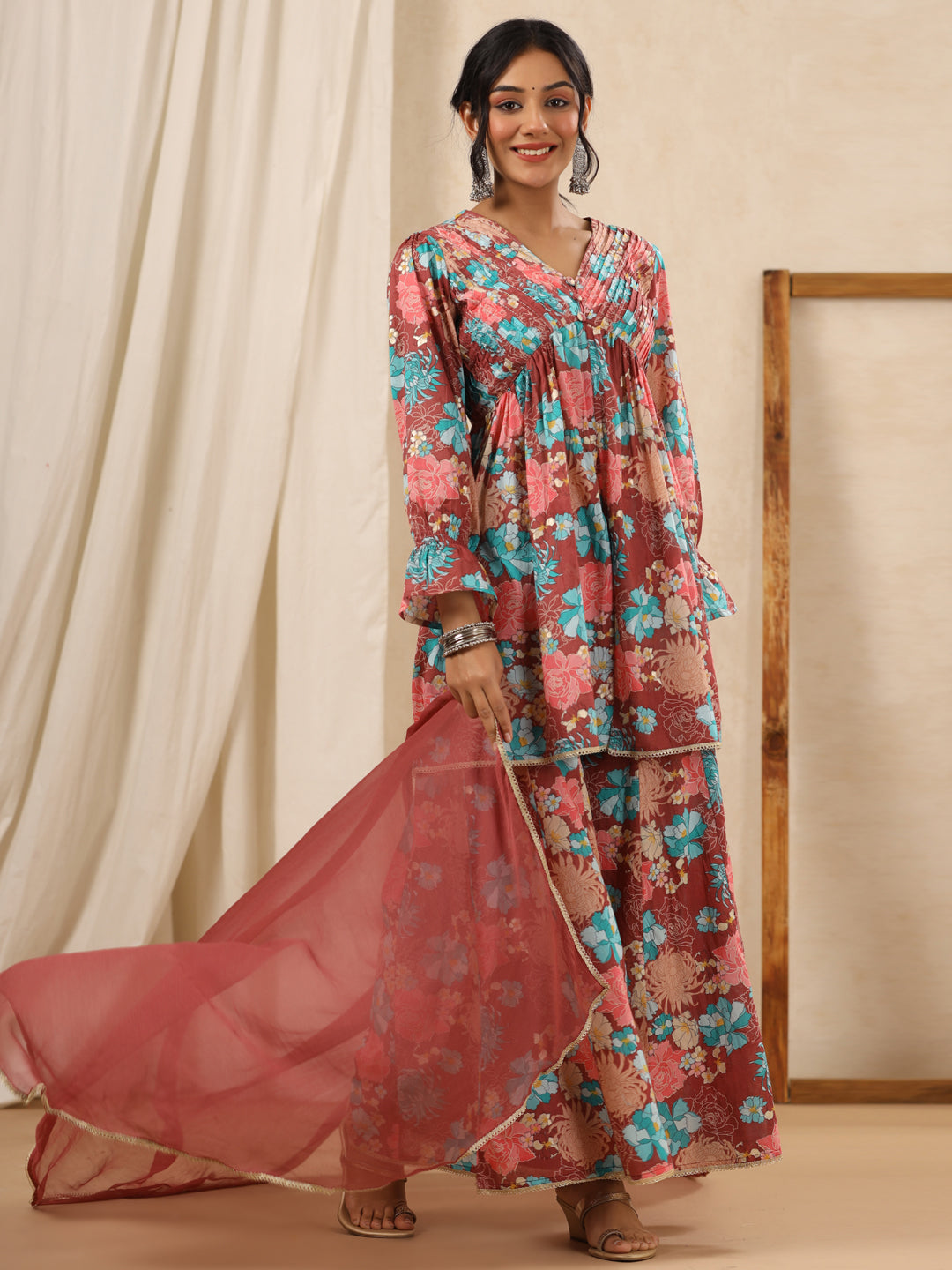 Flared Style Cotton Fabric Rust Color Kurta And Bottom With Dupatta