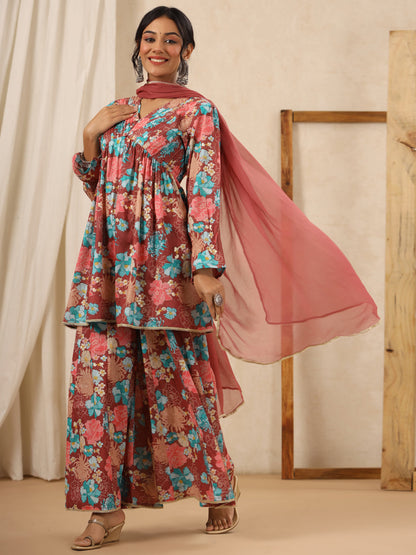 Flared Style Cotton Fabric Rust Color Kurta And Bottom With Dupatta