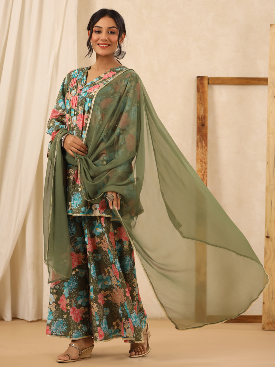 Flared Style Cotton Fabric Green Color Kurta And Bottom With Dupatta