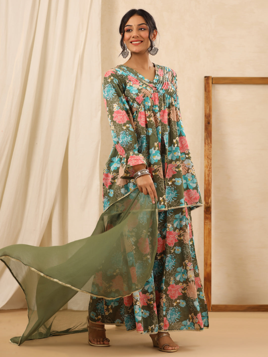 Flared Style Cotton Fabric Green Color Kurta And Bottom With Dupatta