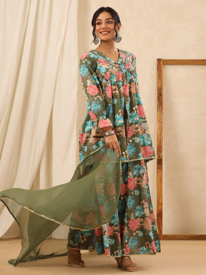 Flared Style Cotton Fabric Green Color Kurta And Bottom With Dupatta