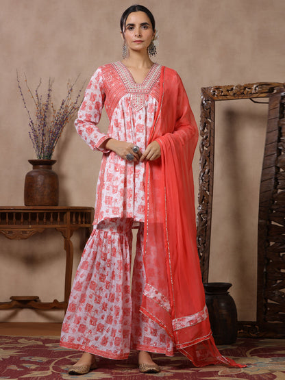 Flared Style Mulmul Cotton Fabric Pink Color Kurta And Sharara With Dupatta