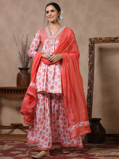 Flared Style Mulmul Cotton Fabric Pink Color Kurta And Sharara With Dupatta
