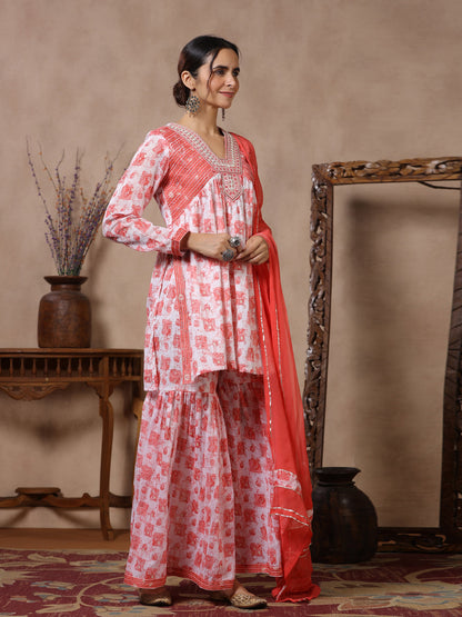 Flared Style Mulmul Cotton Fabric Pink Color Kurta And Sharara With Dupatta
