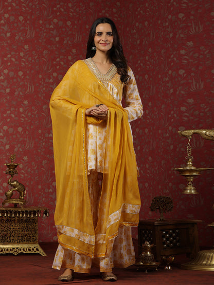 Flared Style Mulmul Cotton Fabric Mustard Color Kurta And Sharara With Dupatta