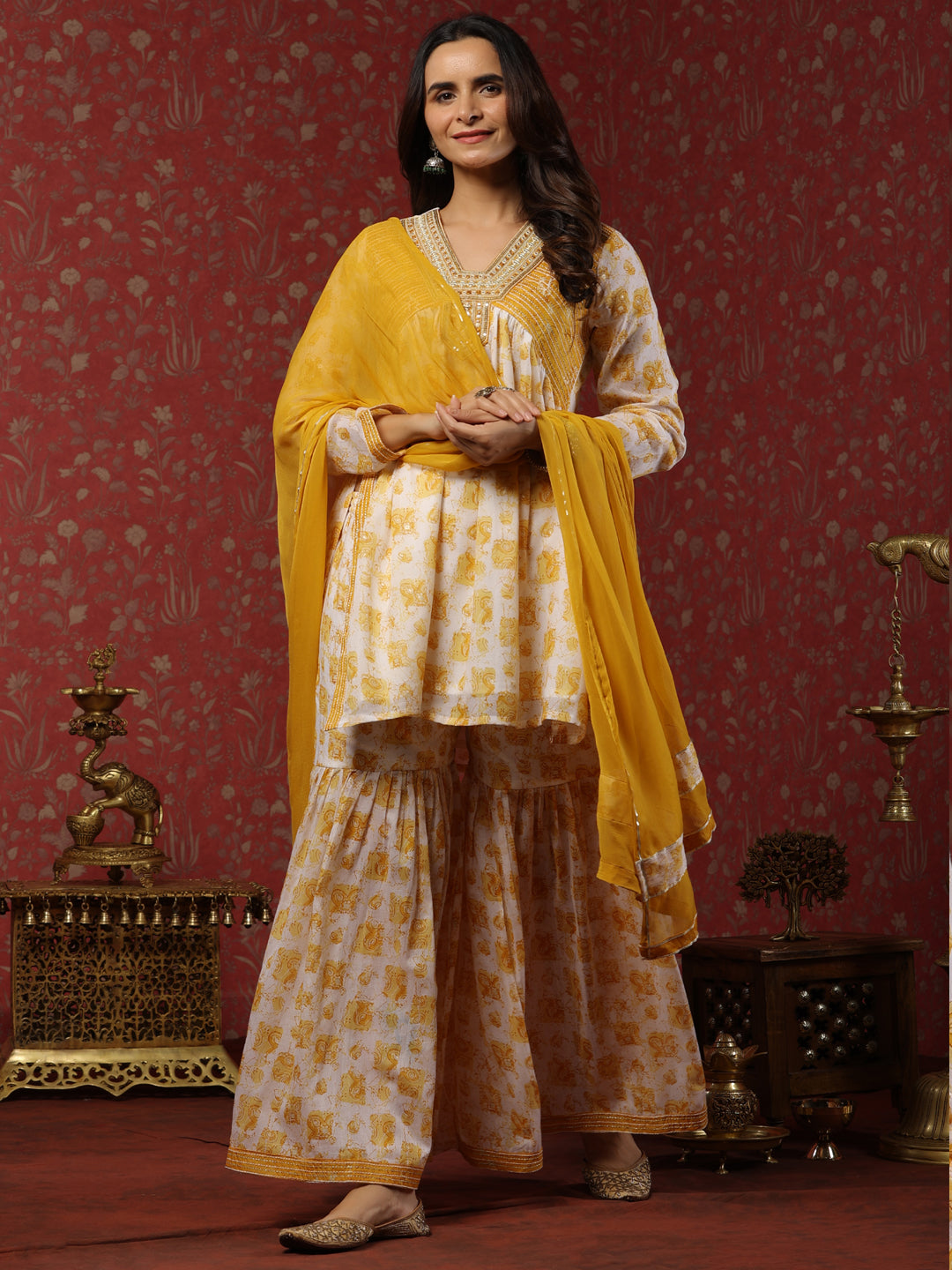 Flared Style Mulmul Cotton Fabric Mustard Color Kurta And Sharara With Dupatta