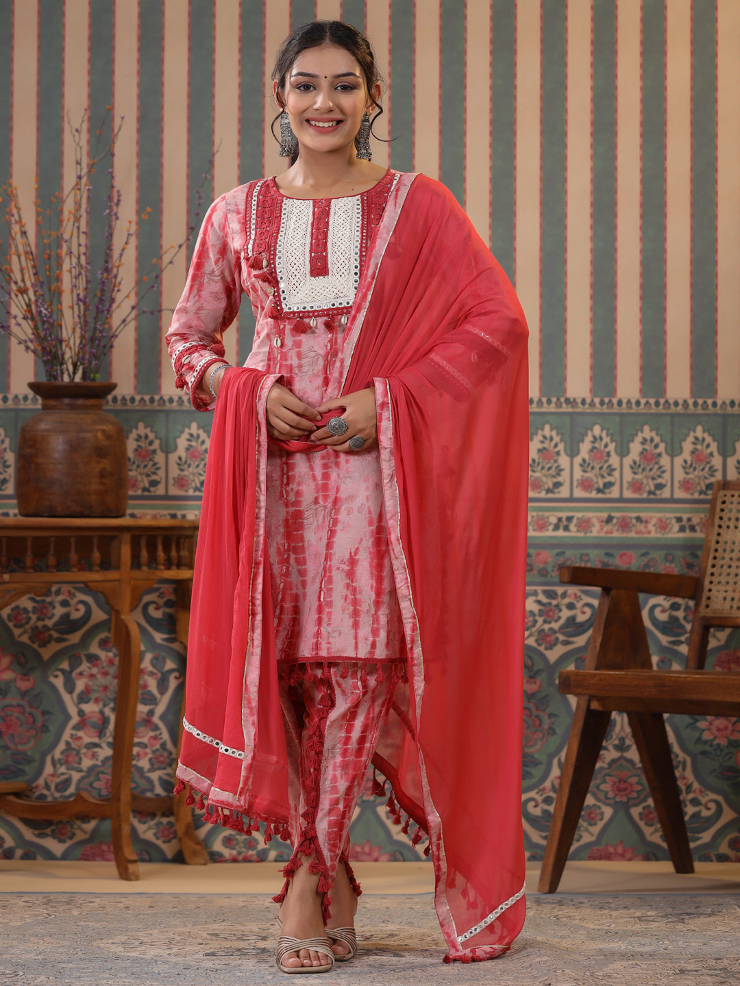 Straight Style Cotton Fabric Burgundy Color Kurta And Bottom With Dupatta