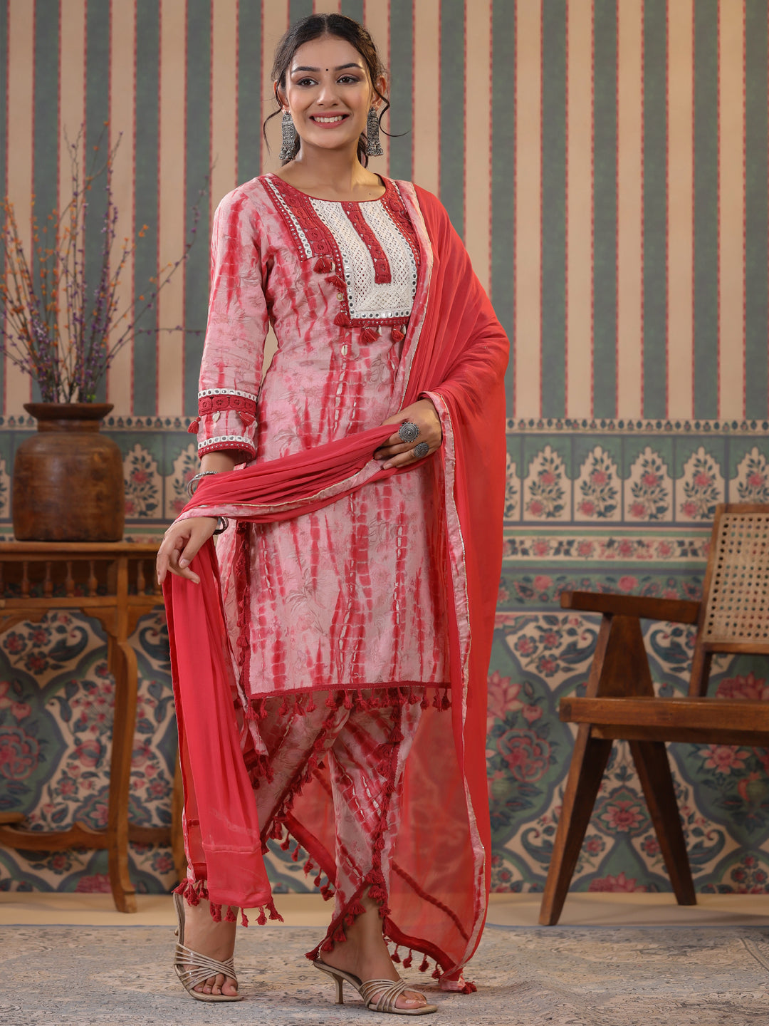 Straight Style Cotton Fabric Burgundy Color Kurta And Bottom With Dupatta