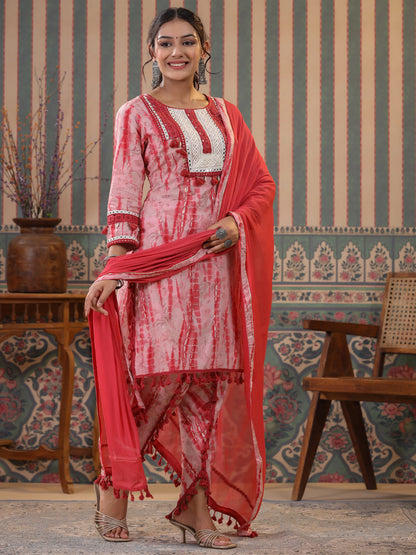 Straight Style Cotton Fabric Burgundy Color Kurta And Bottom With Dupatta