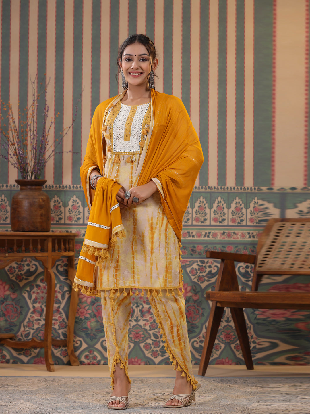 Straight Style Cotton Fabric Mustard Color Kurta And Bottom With Dupatta