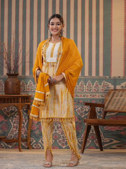 Straight Style Cotton Fabric Mustard Color Kurta And Bottom With Dupatta