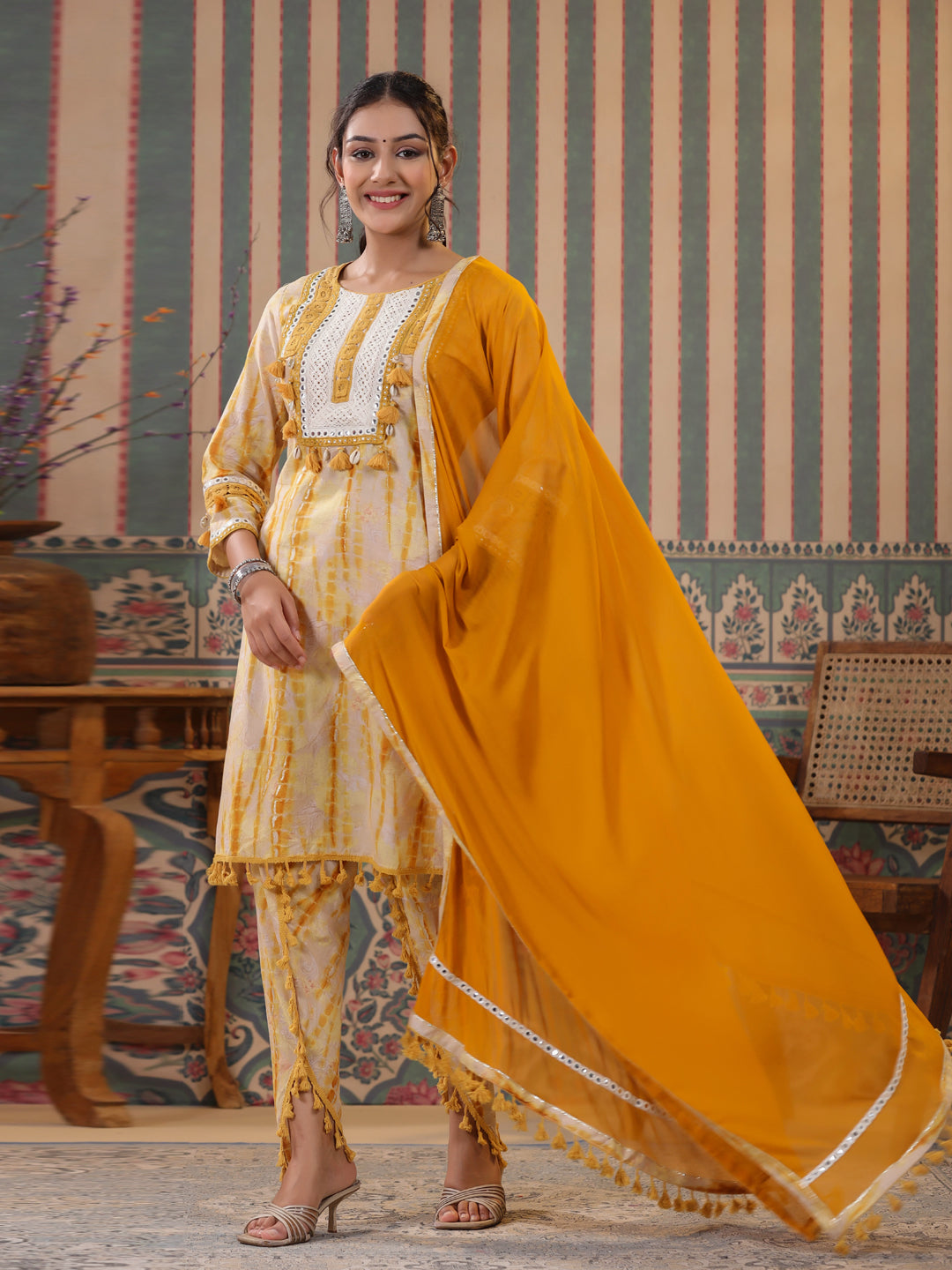 Straight Style Cotton Fabric Mustard Color Kurta And Bottom With Dupatta