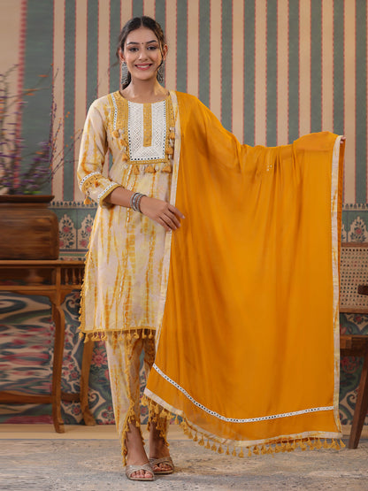 Straight Style Cotton Fabric Mustard Color Kurta And Bottom With Dupatta