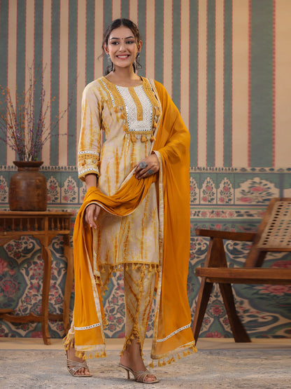 Straight Style Cotton Fabric Mustard Color Kurta And Bottom With Dupatta