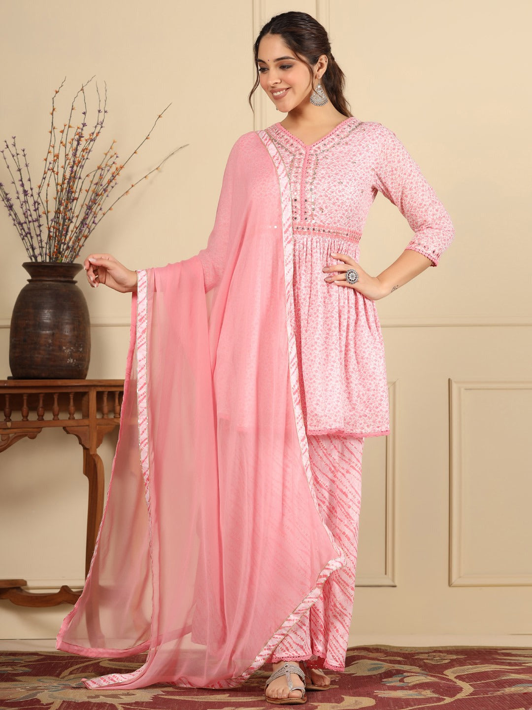Flared Style Mulmul Cotton Fabric Pink Color Kurta And Bottom With Dupatta