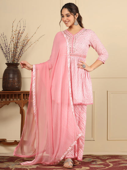 Flared Style Mulmul Cotton Fabric Pink Color Kurta And Bottom With Dupatta