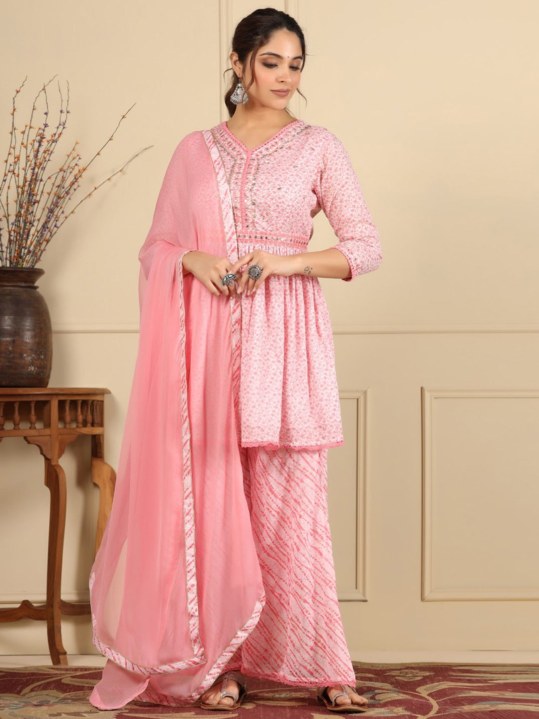 Flared Style Mulmul Cotton Fabric Pink Color Kurta And Bottom With Dupatta