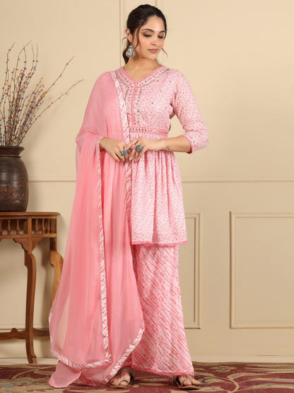 Flared Style Mulmul Cotton Fabric Pink Color Kurta And Bottom With Dupatta