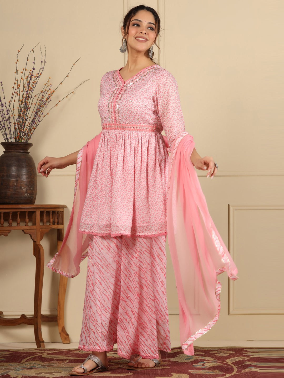 Flared Style Mulmul Cotton Fabric Pink Color Kurta And Bottom With Dupatta