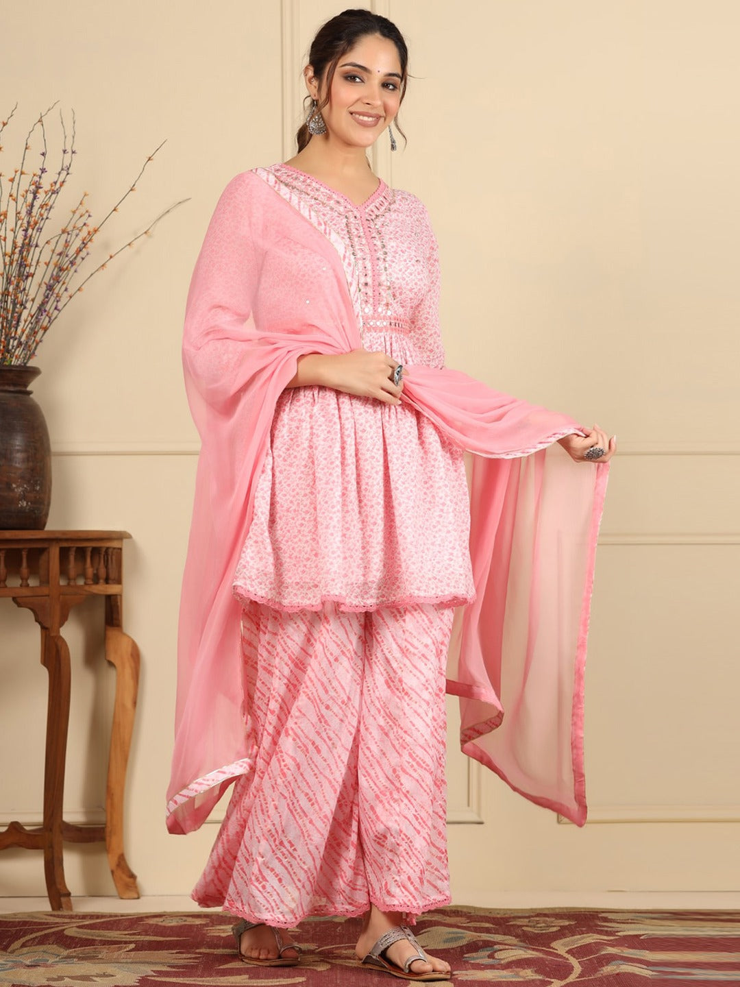 Flared Style Mulmul Cotton Fabric Pink Color Kurta And Bottom With Dupatta