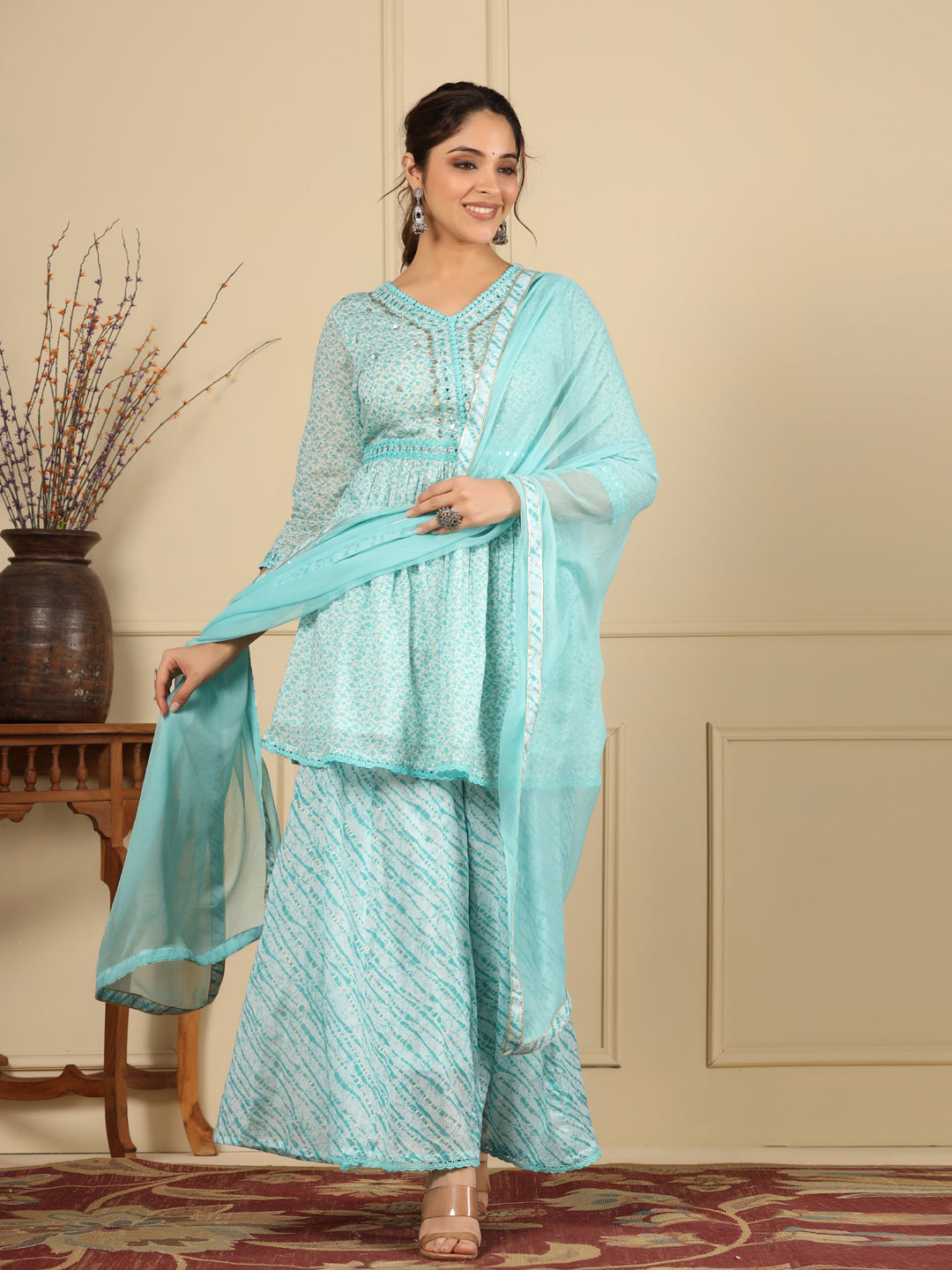 Flared Style Mulmul Cotton Fabric Blue Color Kurta And Bottom With Dupatta