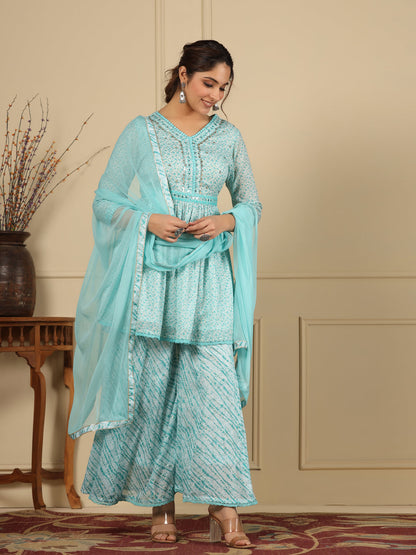 Flared Style Mulmul Cotton Fabric Blue Color Kurta And Bottom With Dupatta