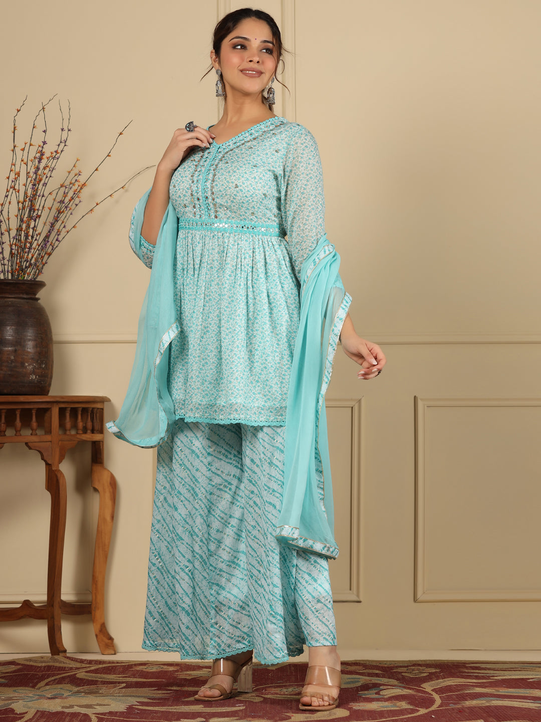 Flared Style Mulmul Cotton Fabric Blue Color Kurta And Bottom With Dupatta