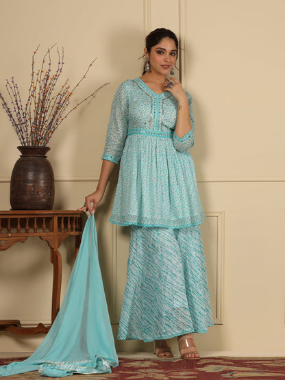 Flared Style Mulmul Cotton Fabric Blue Color Kurta And Bottom With Dupatta