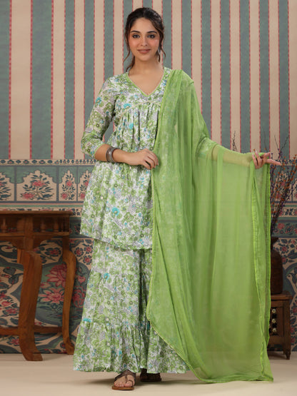 Flared Style Mulmul Cotton Fabric Green Color Kurta And Sharara With Dupatta