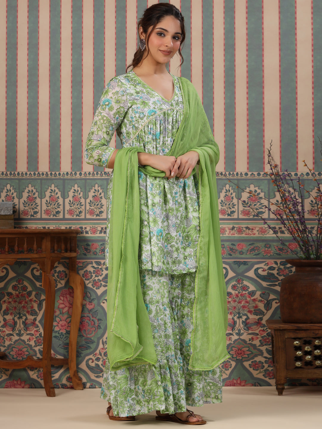 Flared Style Mulmul Cotton Fabric Green Color Kurta And Sharara With Dupatta