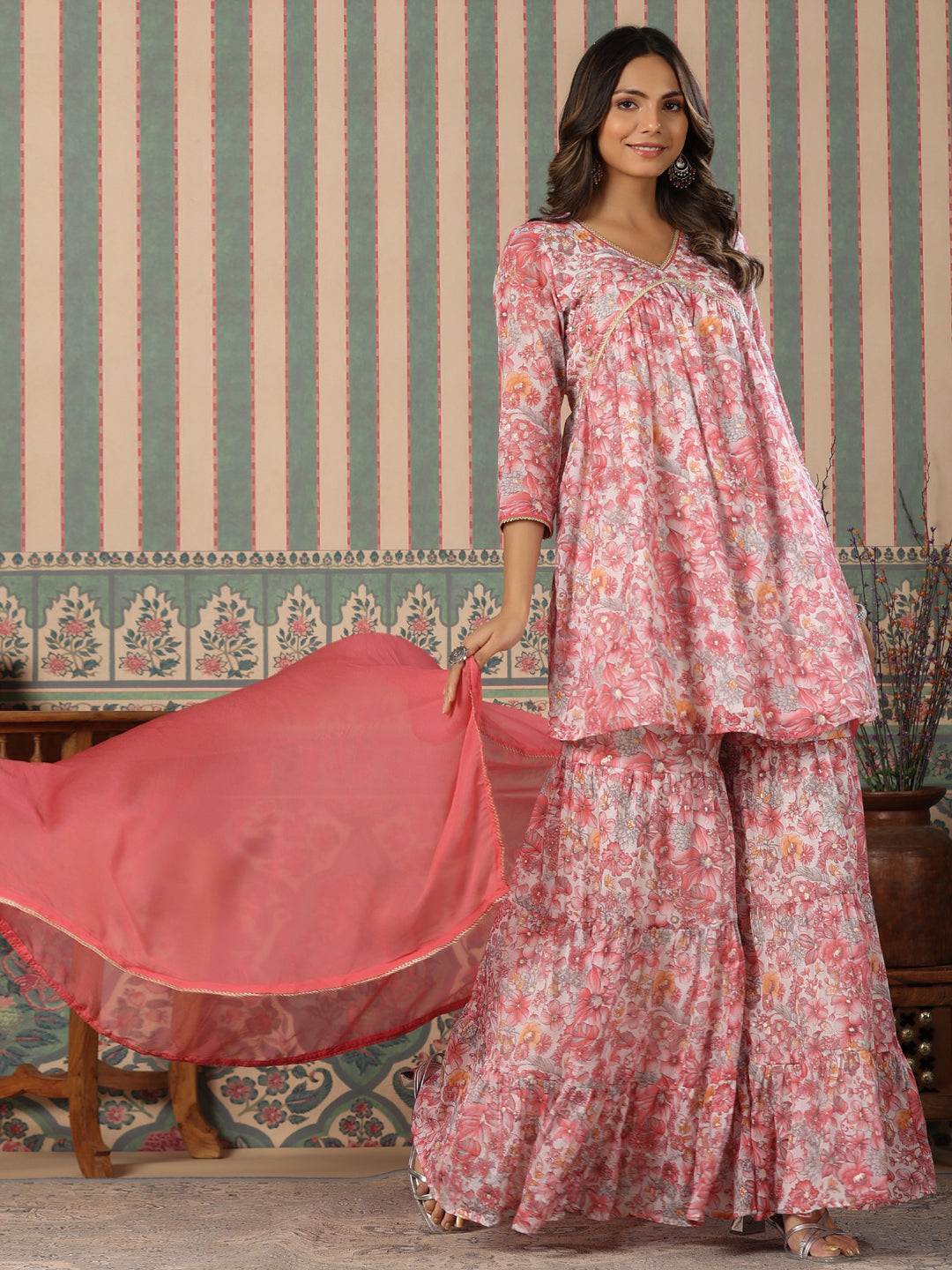 Flared Style Mulmul Cotton Fabric Pink Color Kurta And Sharara With Dupatta