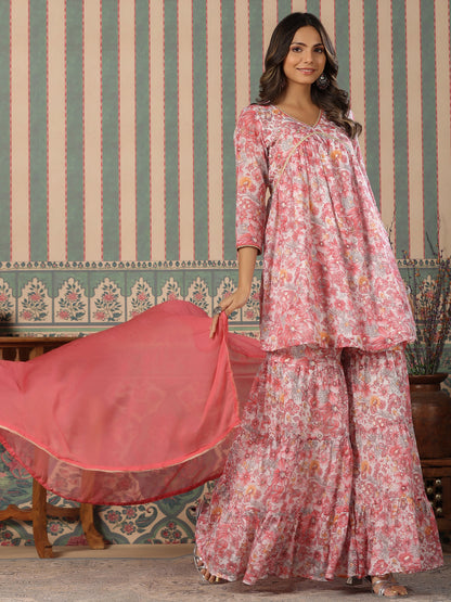 Flared Style Mulmul Cotton Fabric Pink Color Kurta And Sharara With Dupatta