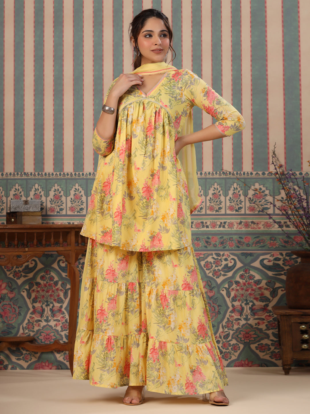 Flared Style Cotton Fabric Yellow Color Kurta And Sharara With Dupatta