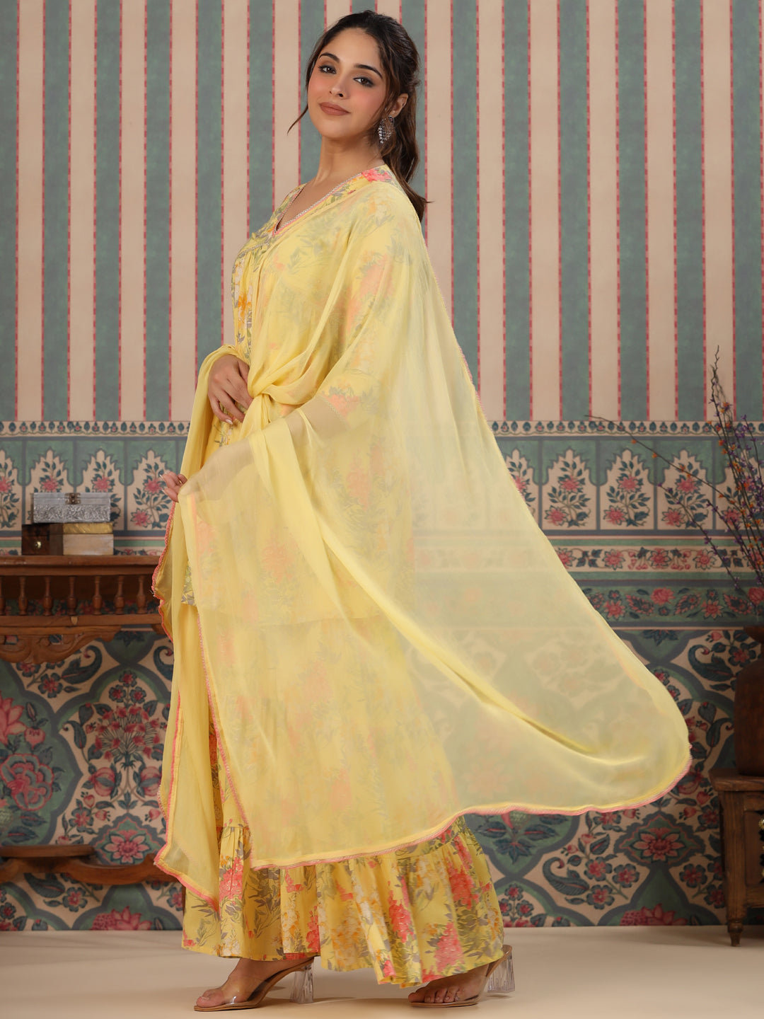 Flared Style Cotton Fabric Yellow Color Kurta And Sharara With Dupatta
