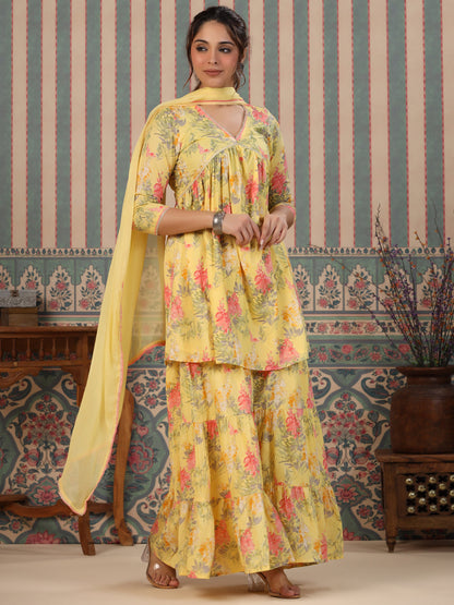 Flared Style Cotton Fabric Yellow Color Kurta And Sharara With Dupatta