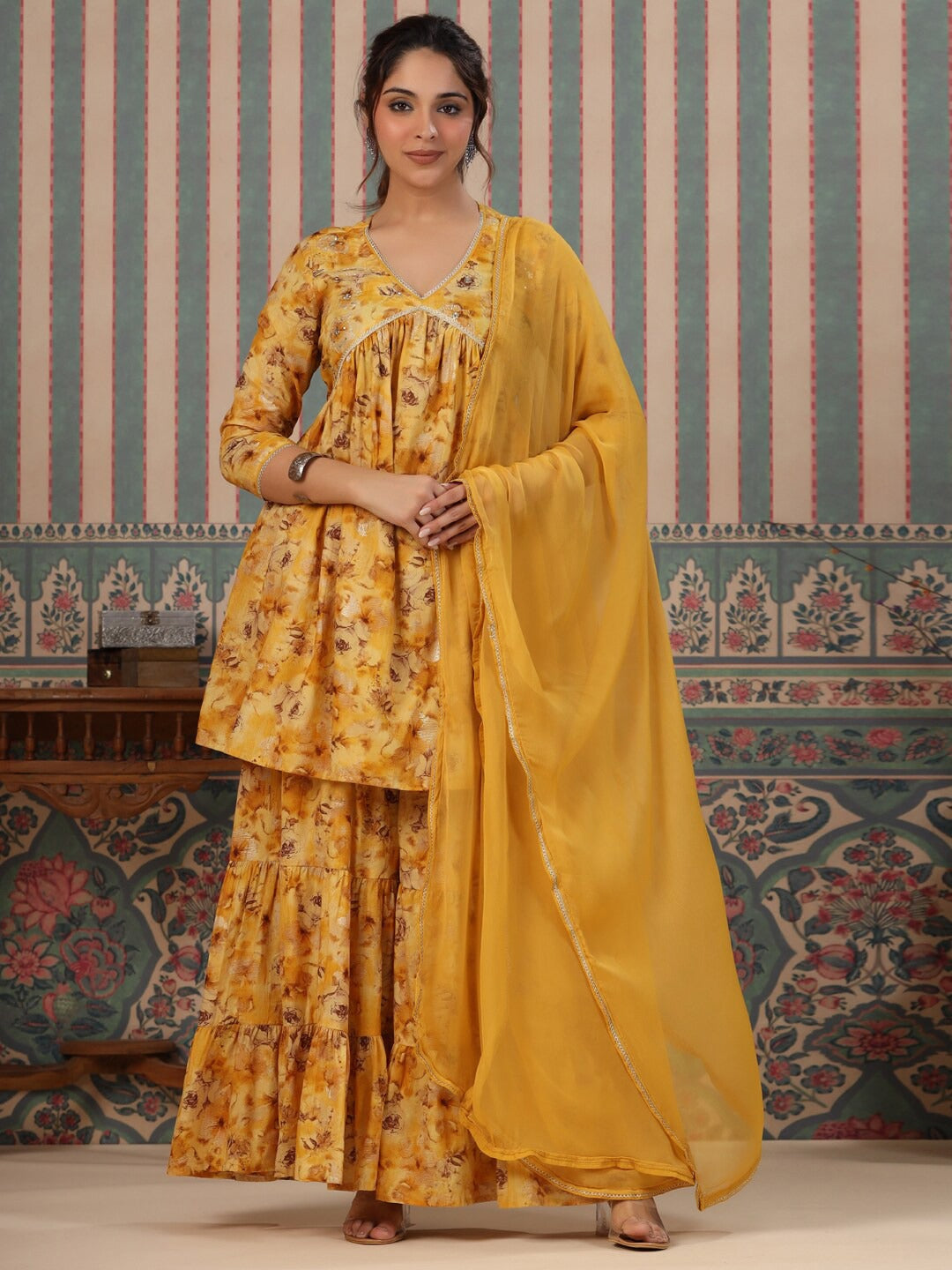 Flared Style Mulmul Cotton Fabric Mustard Color Kurta And Sharara With Dupatta