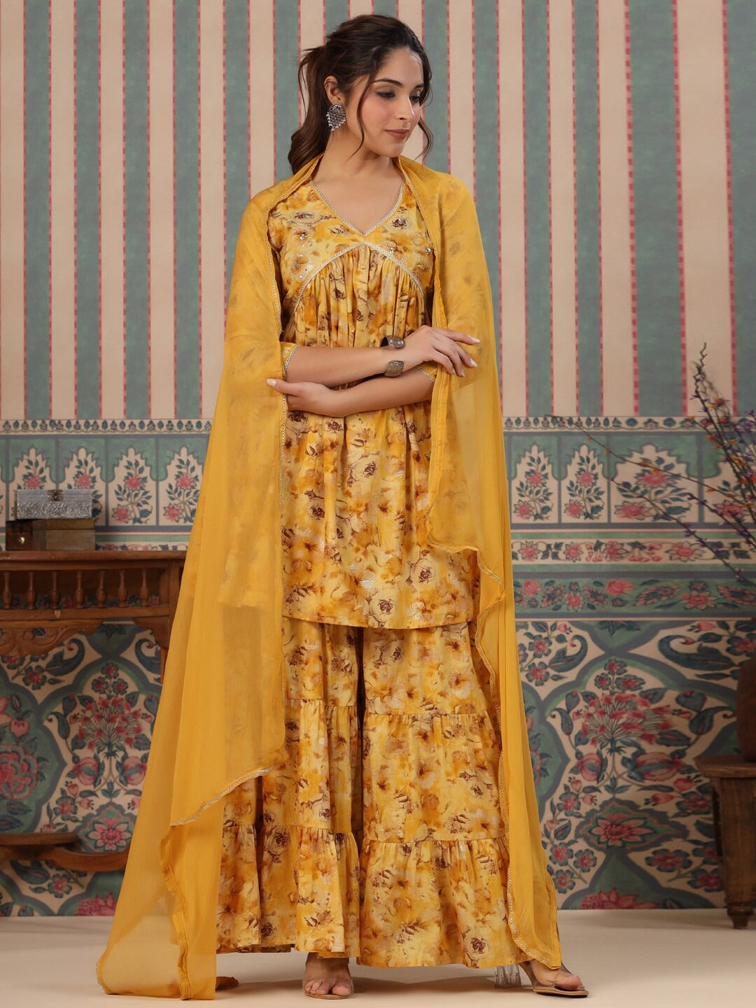Flared Style Mulmul Cotton Fabric Mustard Color Kurta And Sharara With Dupatta