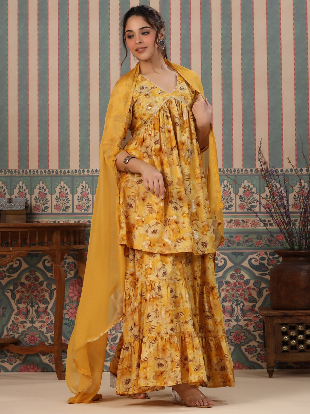Flared Style Mulmul Cotton Fabric Mustard Color Kurta And Sharara With Dupatta