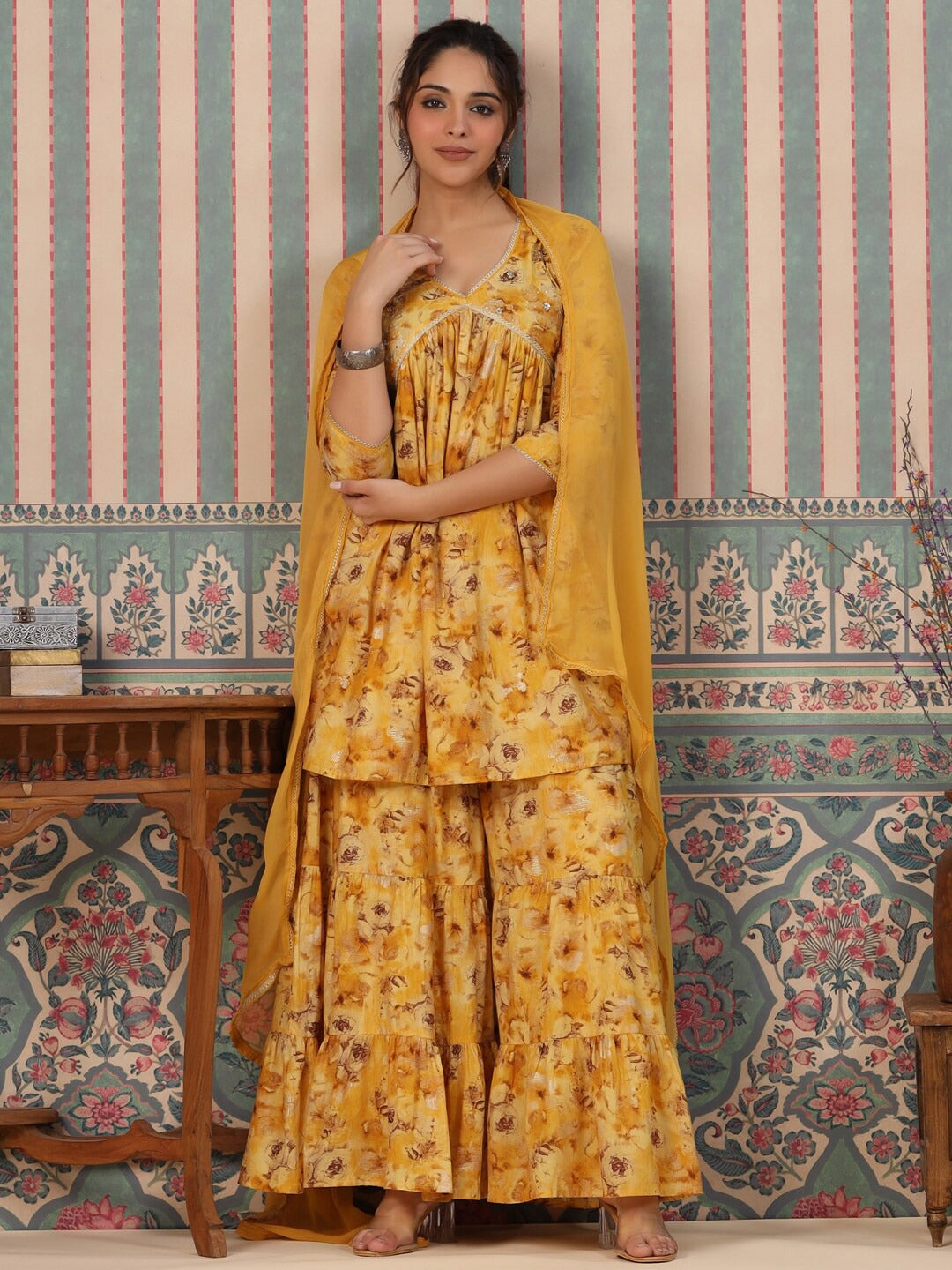 Flared Style Mulmul Cotton Fabric Mustard Color Kurta And Sharara With Dupatta