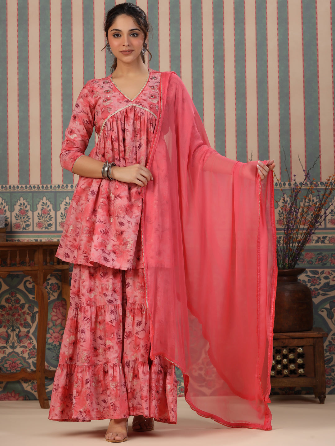 Flared Style Mulmul Cotton Fabric Pink Color Kurta And Sharara With Dupatta