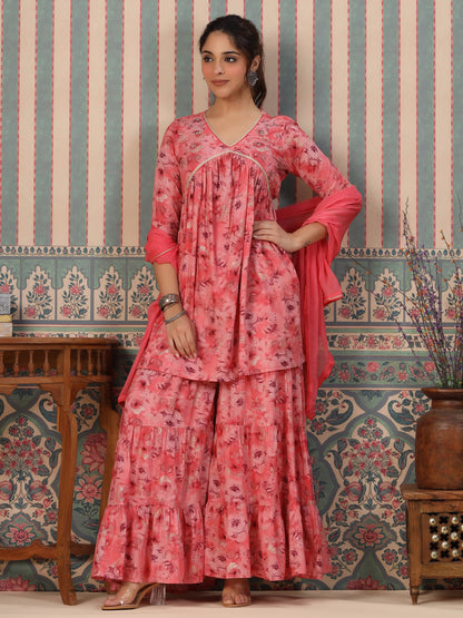 Flared Style Mulmul Cotton Fabric Pink Color Kurta And Sharara With Dupatta