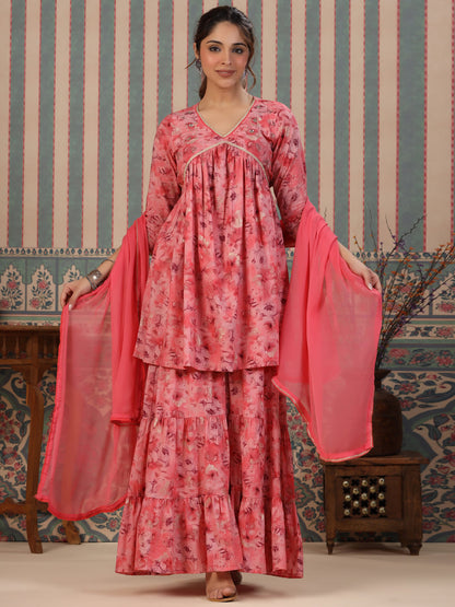 Flared Style Mulmul Cotton Fabric Pink Color Kurta And Sharara With Dupatta