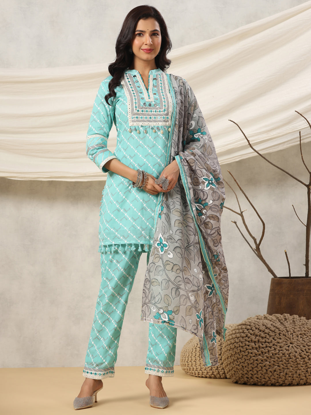 Straight Style Cotton Fabric Sea Green Color Kurta And Bottom With Dupatta