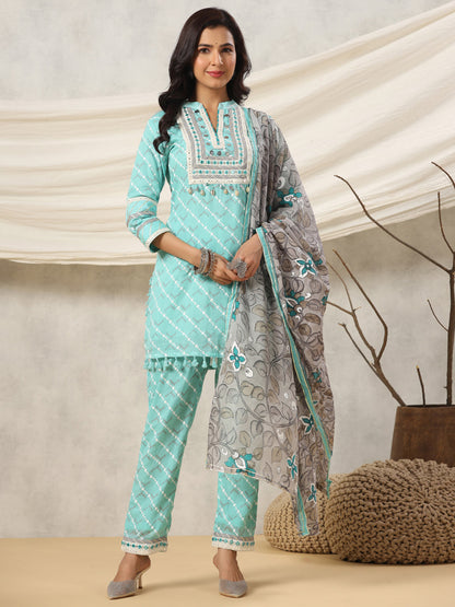 Straight Style Cotton Fabric Sea Green Color Kurta And Bottom With Dupatta