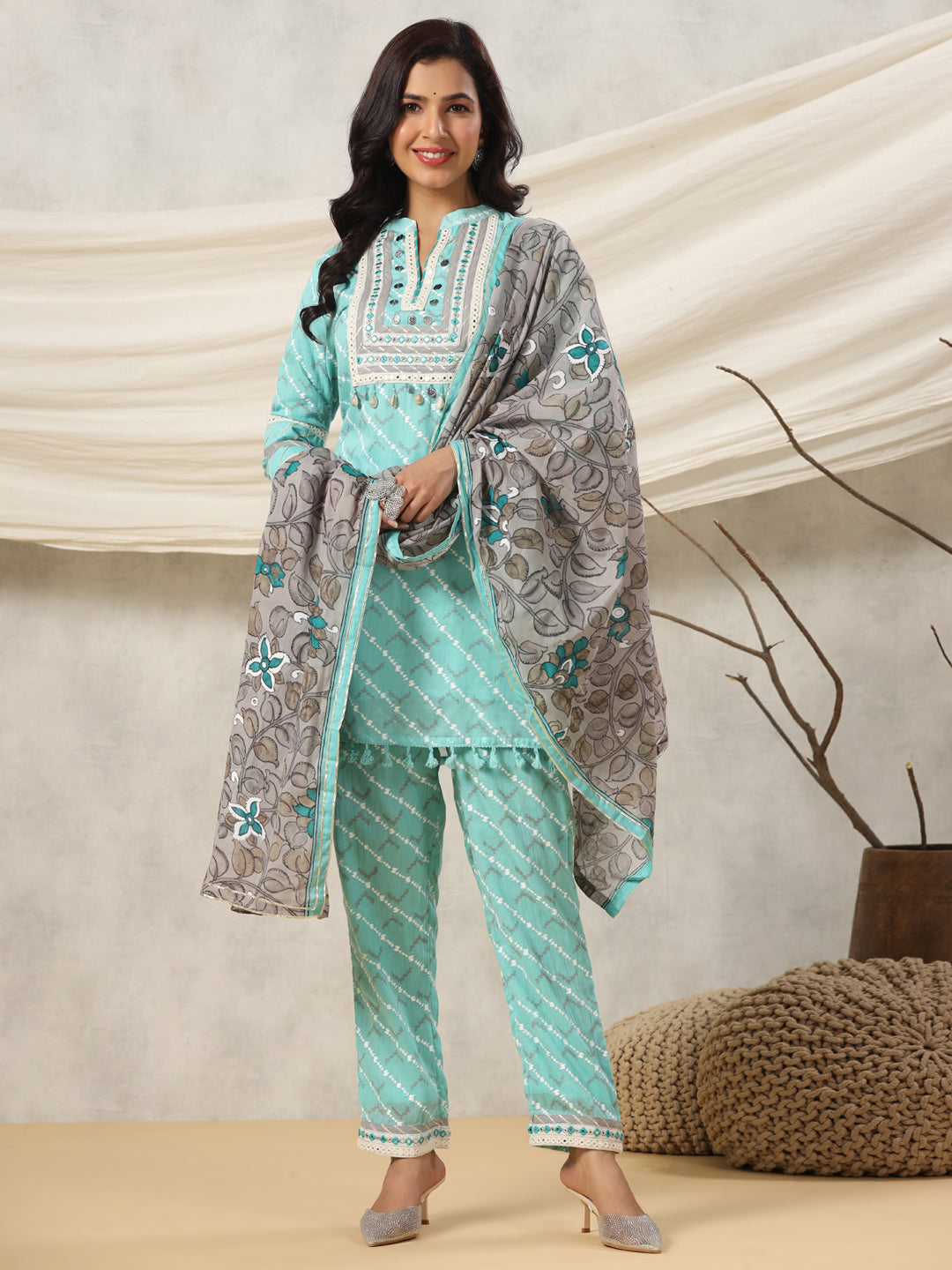 Straight Style Cotton Fabric Sea Green Color Kurta And Bottom With Dupatta